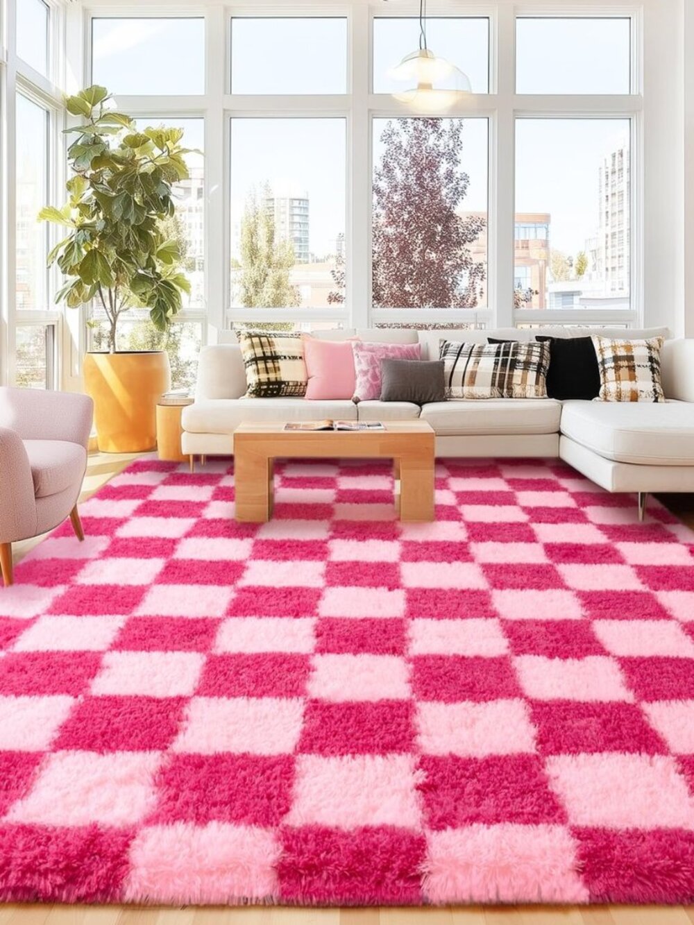 Checkered 8x10 Area Rugs for Living Room, Pink and Hot Pink Large Fuzzy Rug